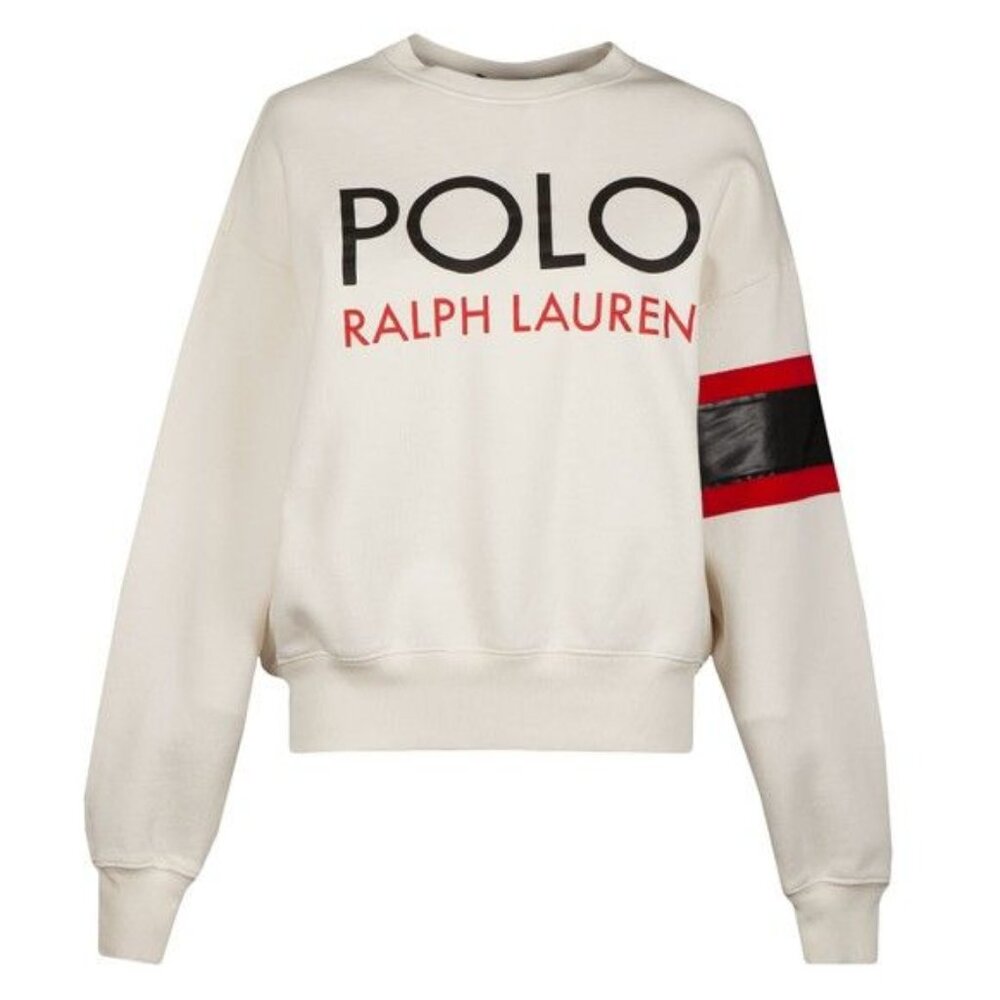 Polo Ralph Lauren Logo Leather Sweatshirt Red Black Stripe Unisex Size M